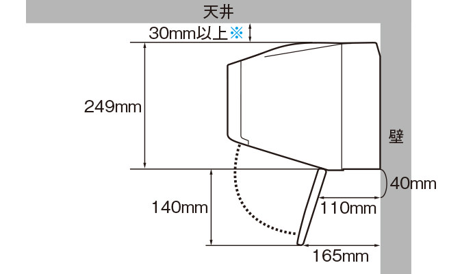 室内機設置条件図:天井から30mm以上＊、室内機下140mm