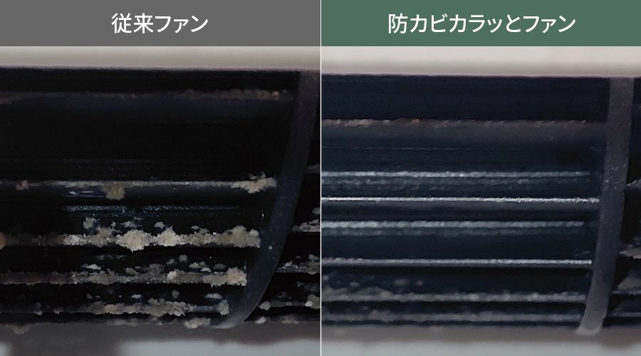 従来ファンと防カビカラッとファンのカビ発生比較写真