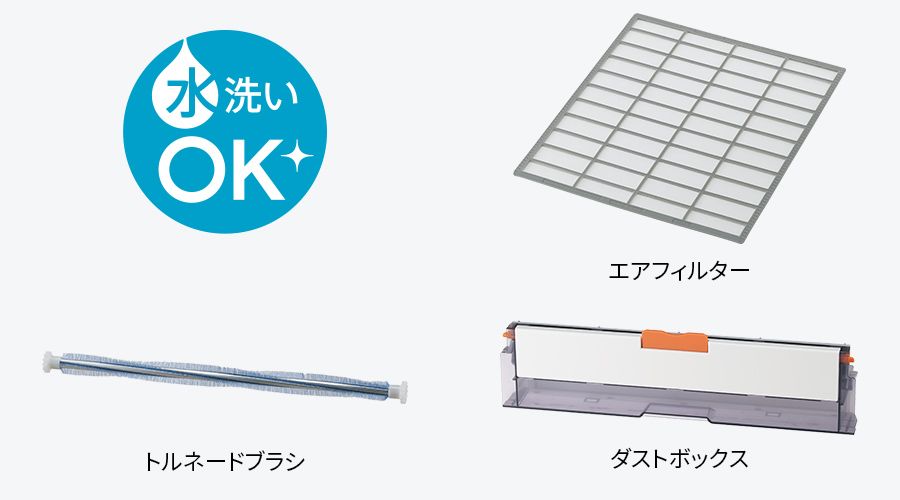 水洗いOKなパーツはエアフィルター、トルネードブラシ、ダストボックス
