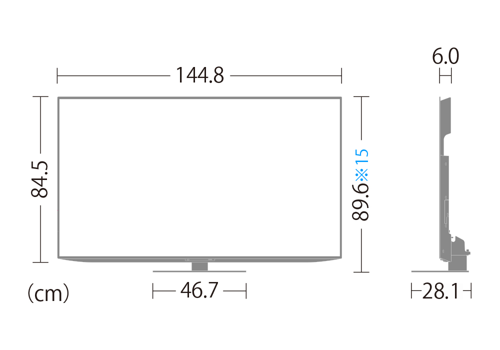 4T-C65FQ1:外形寸法、幅144.8cm×奥行28.1cm×高さ89.6cm