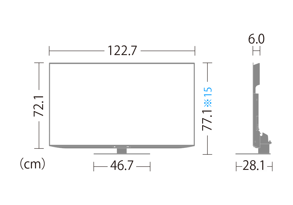 4T-C55FQ1:外形寸法、幅122.7cm×奥行28.1cm×高さ77.1cm