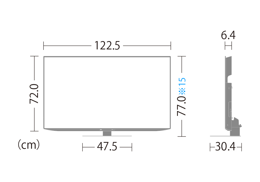4T-C55FS1:外形寸法、幅122.5cm×奥行30.4cm×高さ77.0cm