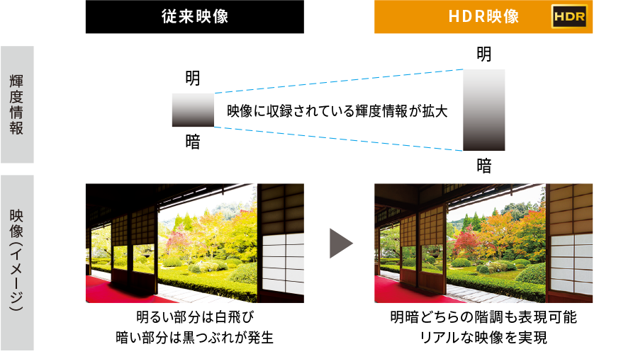 HDR映像は従来映像に比べ、映像に収録されている輝度情報が拡大。明暗どちらの階調も
表現可能で、リアルな映像を実現します
