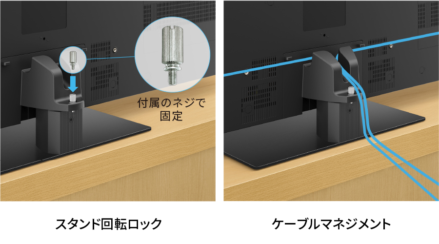 スタンド回転ロックとケーブルマネジメントの構造イメージ
