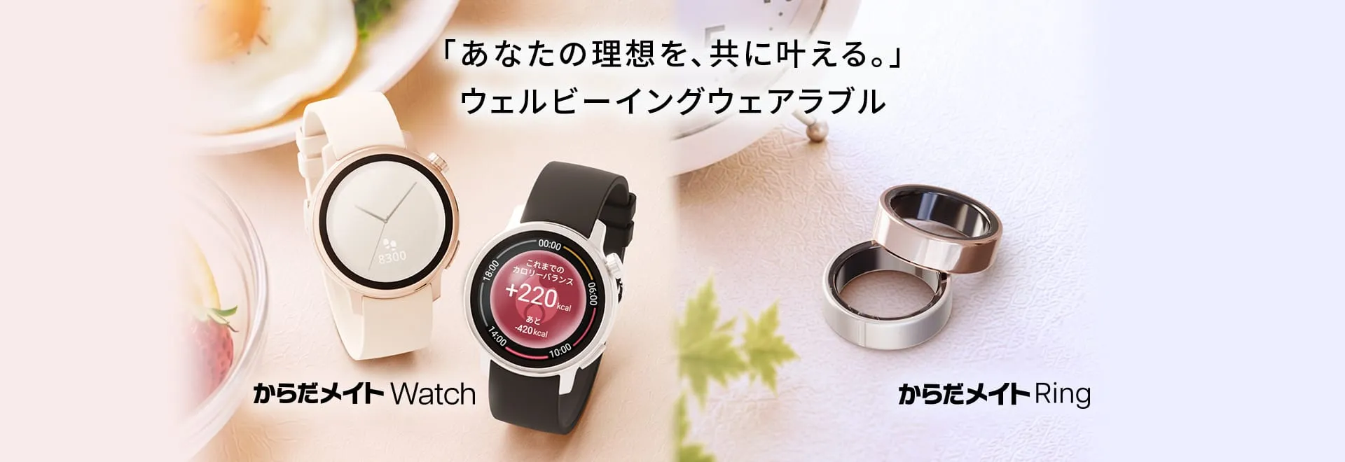 「あなたの理想を、共に叶える。」ウェルビーイングウェアラブル ウェアラブルの製品ページにリンクします。