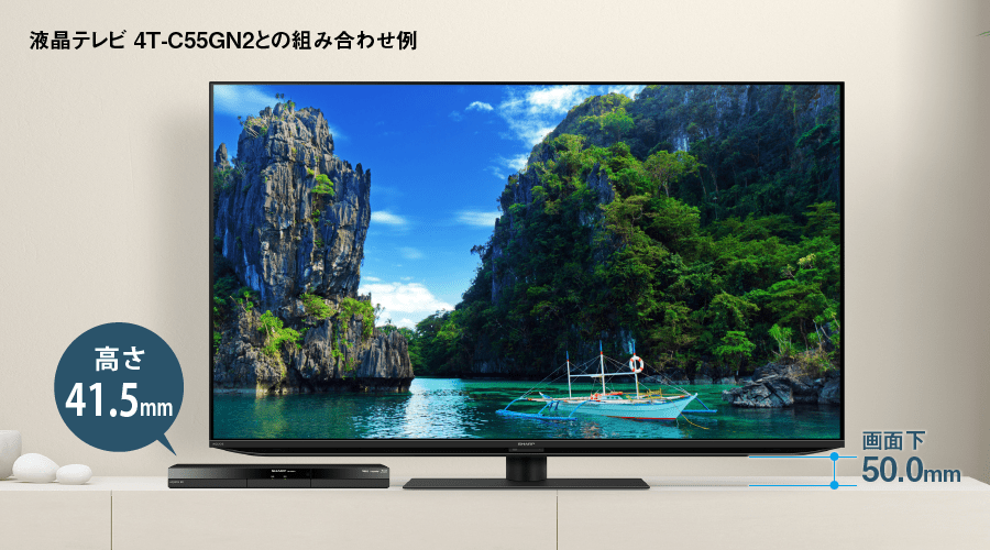 液晶テレビ 4T-C55GN2と組み合わせた設置イメージ。2BC-20GT1の高さは41mm。4T-C55GN2の画面下は50.0mm。