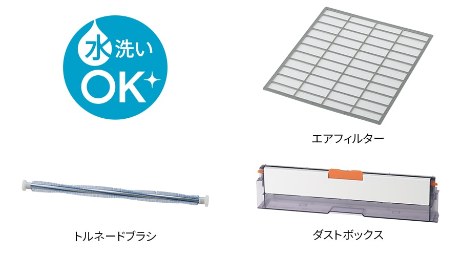 水洗いOKなパーツはエアフィルター、トルネードブラシ、ダストボックス