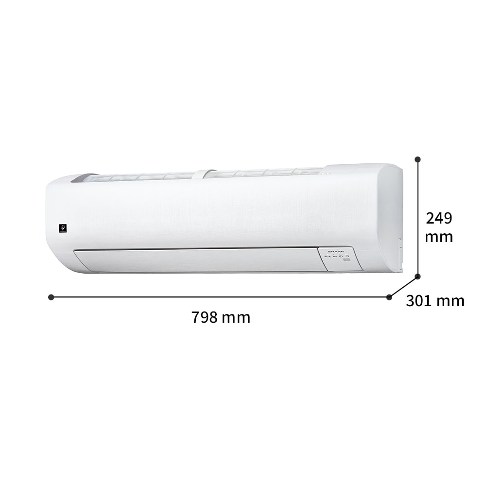 室内機寸法図。幅798mm×奥行301mm×高さ249mm