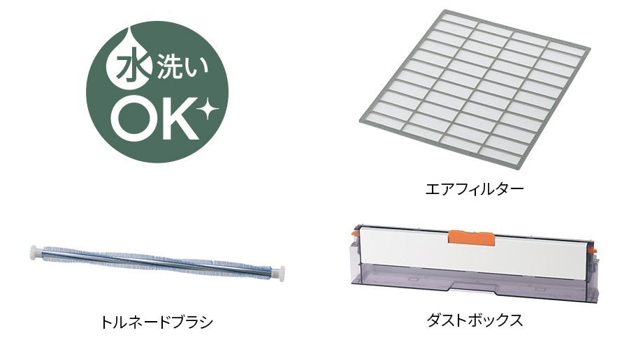 水洗いOKなパーツはエアフィルター、トルネードブラシ、ダストボックス。