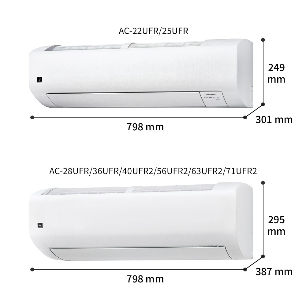 室内機寸法図。AC-22UFR/25UFRは幅798mm×奥行301mm×高さ249mm、AC-28UFR/36UFR/40UFR2/56UFR2/63UFR2/71UFR2は幅798mm×奥行387mm×高さ295mm