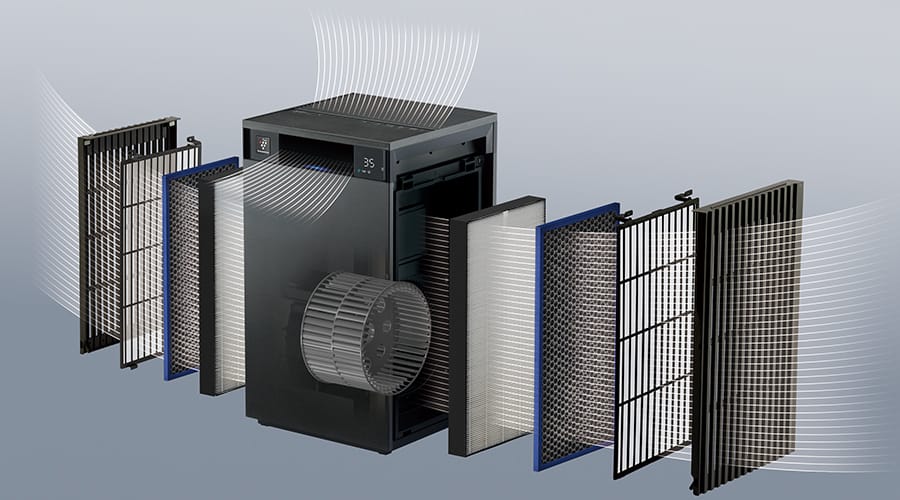 FU-M1200の内部構造を示す分解図。プレフィルター、HEPAフィルター、脱臭フィルターを含む多層フィルターと送風ファンのイメージ。