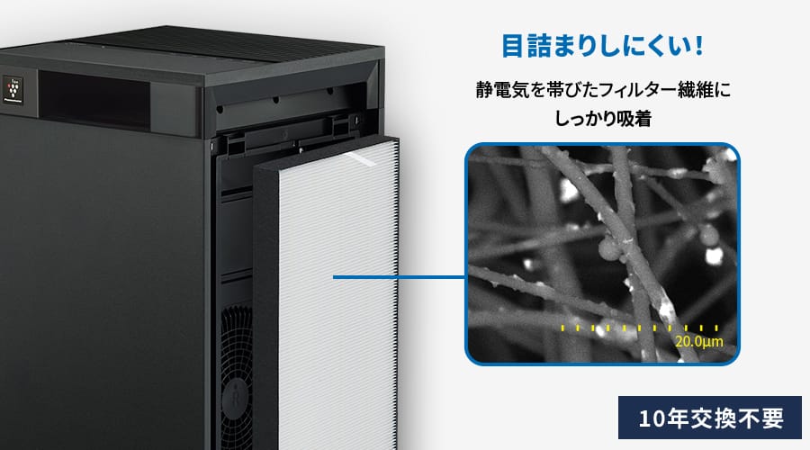 目詰まりしにくい！静電気を帯びたフィルター繊維にしっかり吸着。