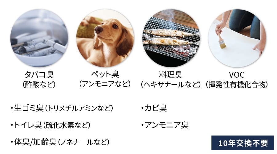 タバコ臭、ペット臭、料理臭、VOC、生ゴミ臭、トイレ臭、体臭/加齢臭、カビ臭、アンモニア臭など、多様な臭いの種類と原因物質の例を示し、「10年交換不要」と記載された図。
