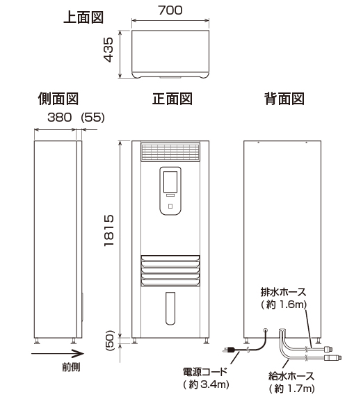 KI-M1800 寸法図:幅700mmx奥行435mmx高さ1815mm