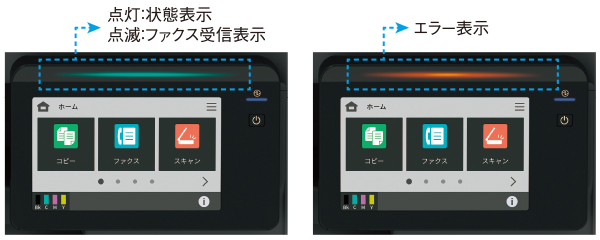 青色に点灯:状態表示、青色に点滅:ファクス受信表示、赤色に点灯:エラー表示