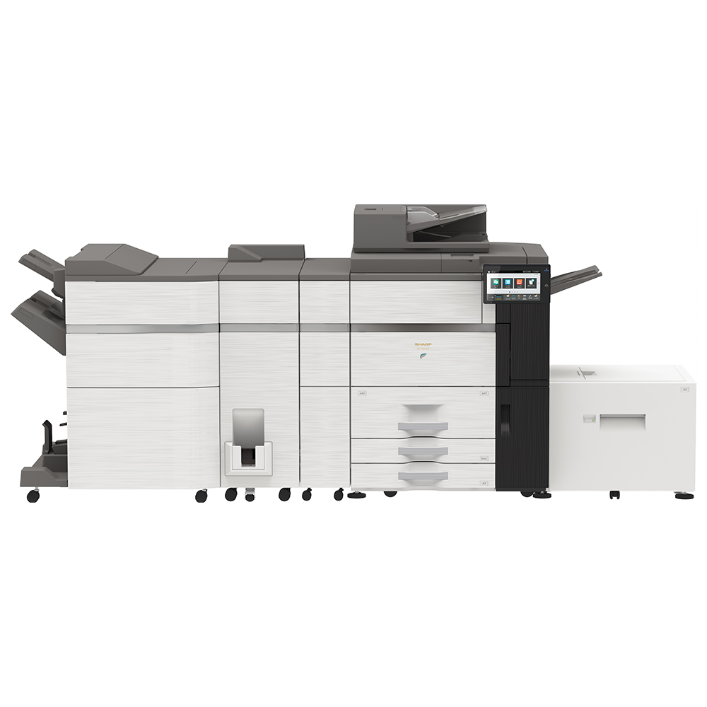 BP-80C80 サドルフィニッシャー（BP-FN21）、紙折りユニット（MX-FD10）、カール補正ユニット（MX-RB27）、中継ユニット（MX-RB12 N）、大容量給紙トレイ（A3）（MX-LCX3 N）装着時 正面の写真