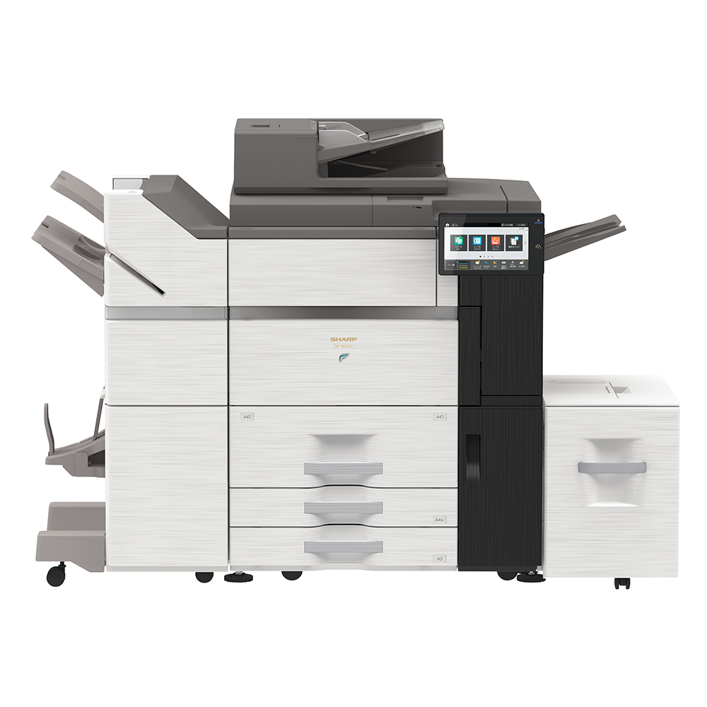 BP-80C80 サドルフィニッシャー（BP-FN19）、中継ユニット（MX-RB12 N）、大容量給紙トレイ（A4）（BP-LC12）装着時 正面の写真