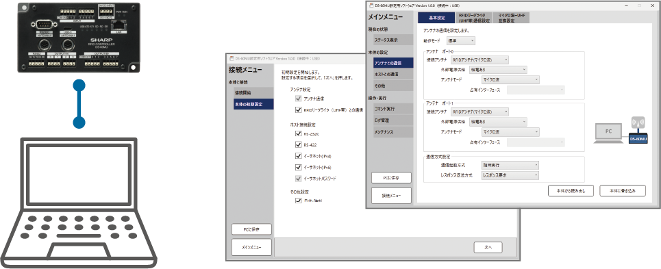DS-60MU設定用ソフトウェア 接続イメージと画面