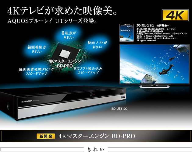 4Kテレビが求めた映像美。AQUOSブルーレイ UTシリーズ登場。／4KマスターエンジンBD-PROで…録画番組がきれい／番組表がきれい／映画ソフトがきれい／録画画質変換ダビング スピードアップ／BDソフト読み込み スピードアップ／新開発 4KマスターエンジンBD-PRO：［きれい］