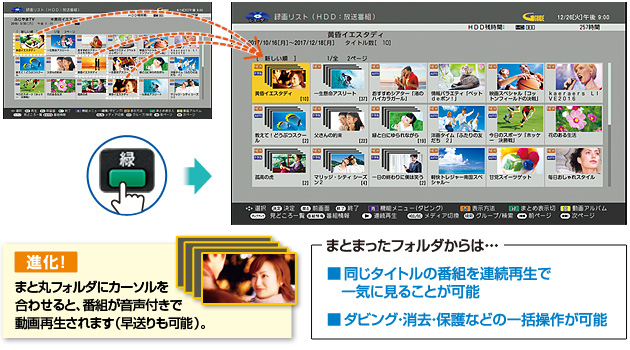 18画面録画リスト & まと丸/進化!:まと丸フォルダにカーソルを合わせると、番組が音声付きで動画再生されます(早送りも可能)。/まとまったフォルダからは…■同じタイトルの番組を連続再生で一気に見ることが可能 ■ダビング、消去、保護などの一括操作が可能