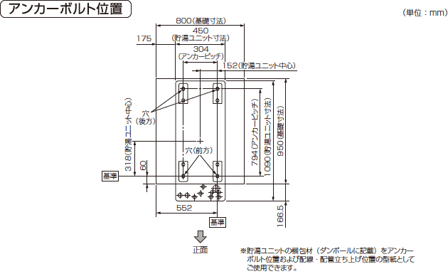 外形寸法図：貯湯タンクユニット　アンカーボルト位置
