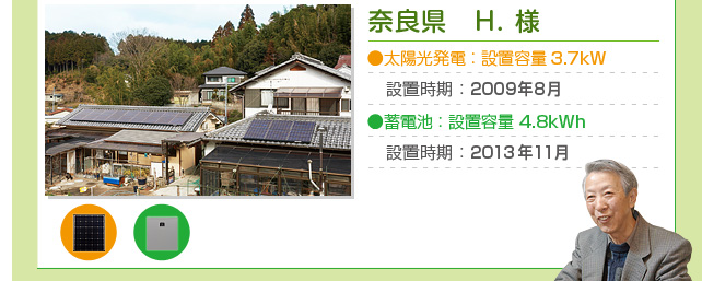 奈良県　H.様…太陽光発電：設置容量 3.7kW　設置時期：2009年8月　蓄電池：設置容量 4.8kWh 設置時期：2013年11月
