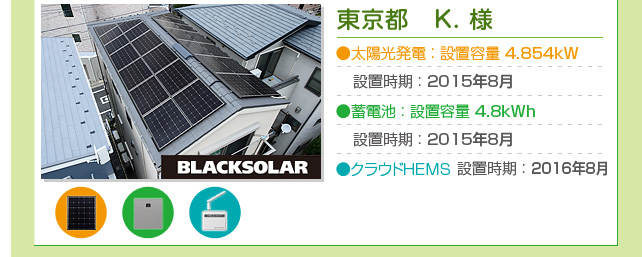東京都　K.様…太陽光発電：設置容量 4.854kW  設置時期 2015年8月　蓄電池：設置容量 4.8kWh  設置時期：2015年8月 クラウドHEMS：設置時期：2016年8月