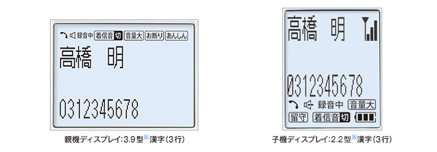 親機ディスプレイ3.9型※漢字(3行)/子機ディスプレイ2.2型※漢字(3行)