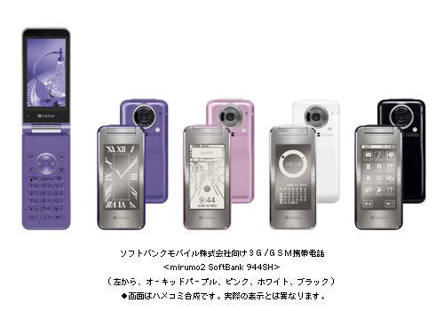 ソフトバンクモバイル株式会社向け3G/GSM携帯電話<mirumo2 SoftBank 944SH>(左から オーキッドパープル、ピンク、ホワイト、ブラック) ●画面はハメコミ合成です。実際の表示とは異なります。