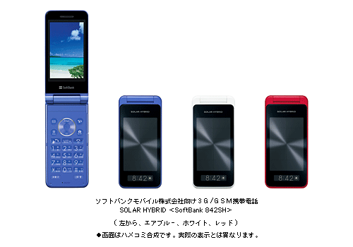 ソフトバンクモバイル株式会社向け3G/GSM携帯電話 SOLAR HYBRID＜SoftBank 842SH＞ (左から　エアブルー、ホワイト、レッド) ●画面はハメコミ合成です。実際の表示とは異なります。
