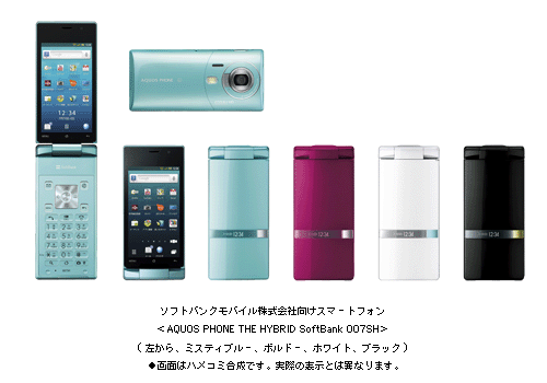 ソフトバンクモバイル株式会社向けスマートフォン ＜AQUOS PHONE THE HYBRID SoftBank 007SH＞ (左から　ミスティブルー、ボルドー、ホワイト、ブラック) ●画面はハメコミ合成です。実際の表示とは異なります。