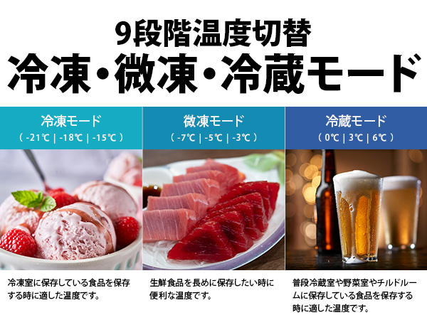 9段階温度切替冷凍・微凍・冷蔵モード