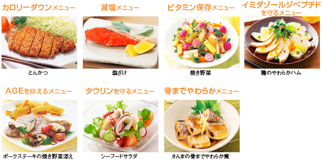 料理画像：カロリーダウンメニュー　とんかつ／減塩メニュー　塩ざけ／ビタミン保存メニュー　焼き野菜／イミダゾールジペプチドを守るメニュー　鶏の柔らかハム／AGEを抑えるメニュー　ポークステーキの焼き野菜添え／タウリンを守るメニュー　シーフードサラダ／骨までやわらかメニュー　さんまの骨まで柔らか煮