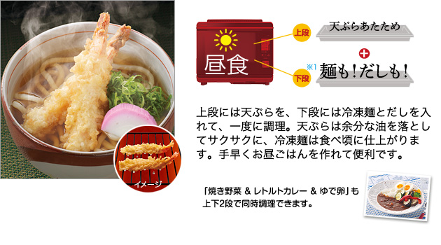 昼食 パパッと作れる、ラクラク時短ごはん！：上段には天ぷらを、下段には冷凍麺とだしを入れて、一度に調理。天ぷらは余分な油を落としてサクサクに、冷凍麺は食べ頃に仕上がります。／「焼き野菜 ＆ レトルトカレー ＆ ゆで卵」も上下2段で同時調理できます。