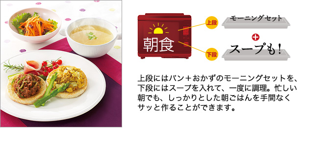 朝食 手間いらずで、忙しい朝の味方に！：上段にはパン＋おかずのモーニングセットを、下段にはスープを入れて、一度に調理。忙しい朝でも、しっかりとした朝ごはんを手間なくパパッと作ることができます。