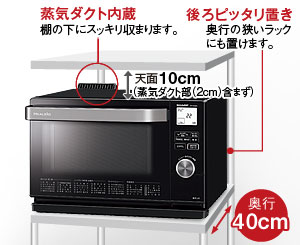 後ろピッタリ置き  奥行の狭いラックにも置けます。／蒸気ダクト内蔵  棚の下にスッキリ収まります。／奥行40cm