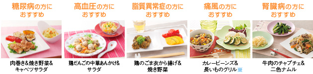 糖尿病の方におすすめ…肉巻き＆焼き野菜＆キャベツサラダ／高血圧の方におすすめ…鶏だんごの中華あんかけ＆サラダ／脂質異常症の方におすすめ…鶏のごま衣から揚げ＆焼き野菜／痛風の方におすすめ…カレービーンズ＆長いものグリル※／腎臓病の方におすすめ…牛肉のチャプチェ＆二色ナムル