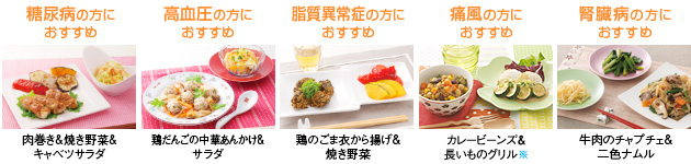 糖尿病の方におすすめ…肉巻き＆焼き野菜＆キャベツサラダ／高血圧の方におすすめ…鶏だんごの中華あんかけ＆サラダ／脂質異常症の方におすすめ…鶏のごま衣から揚げ＆焼き野菜／痛風の方におすすめ…カレービーンズ＆長いものグリル※／腎臓病の方におすすめ…牛肉のチャプチェ＆二色ナムル