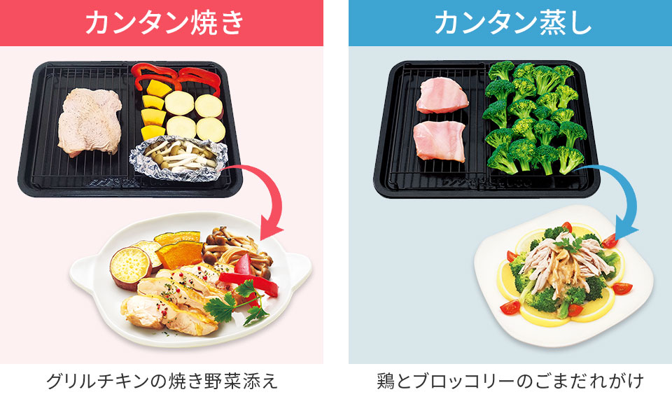 グリルチキンの焼き野菜添え、鶏とブロッコリーのごまだれがけ