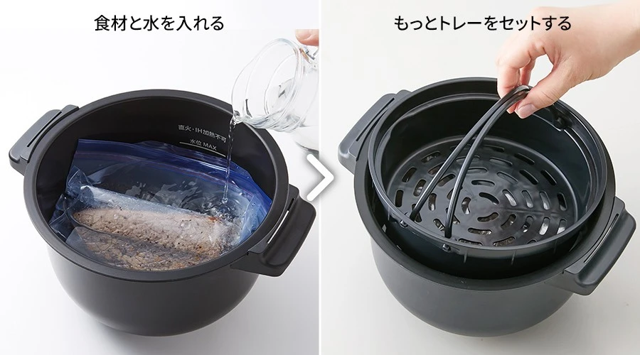 ジッパー付き食品保存袋に入れた食材と水を入れて、その上にもっとトレーをセットする