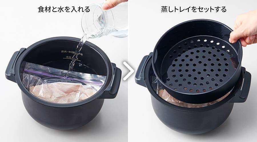 食材と水を入れ、蒸しトレイをセットする