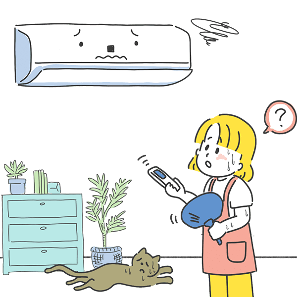 暑がる女性と猫と壊れたエアコン
