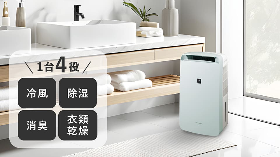 冷風、除湿、消臭、衣類乾燥の4機能を搭載するCM-U100紹介画像。