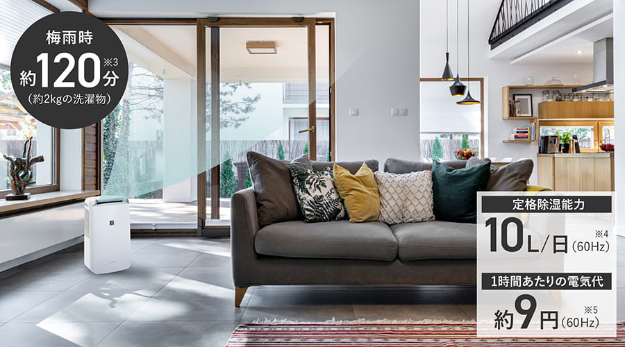 60Hz時の定格除湿能力は10/日。60Hz時の1時間あたりの電気代は約9円。60Hz時の約2kgの洗濯物での衣類乾燥時間は梅雨時で約120分。