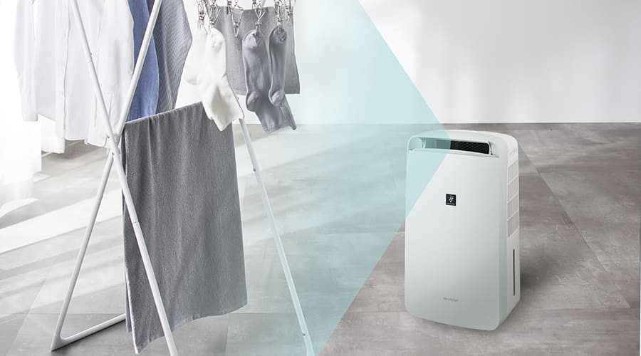 プラズマクラスターイオンと除湿された風を部屋干し衣類に届けるシーン画像。