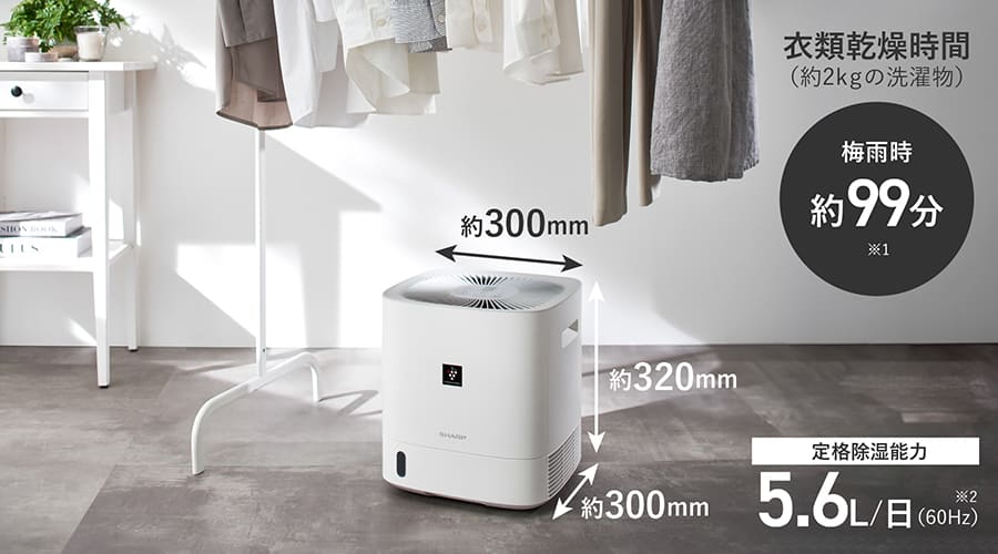 60Hz時の定格除湿能力は5.6L/日。60Hz時の約2kgの洗濯物での衣類乾燥時間は梅雨時で約99分。