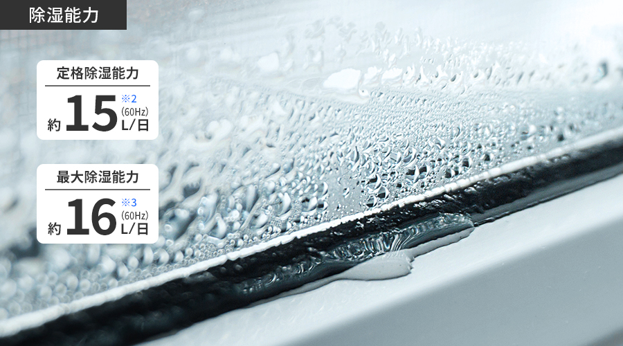 定格除湿能⼒は1⽇あたり約14.5リットル、最⼤除湿能⼒は1⽇あたり約16リットルです。