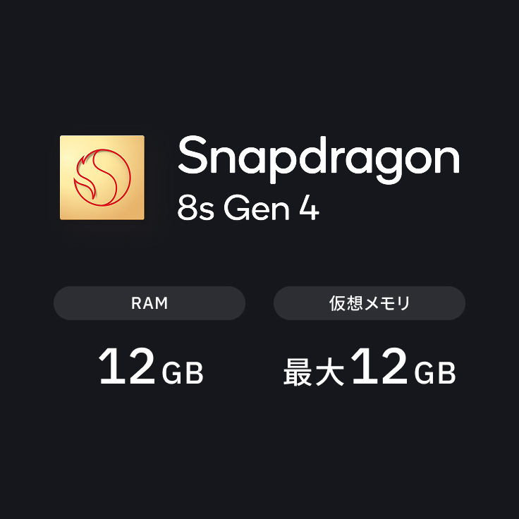 Snapdragon 8s Gen4 / RAM 12GB / 仮想メモリ 最大12GB