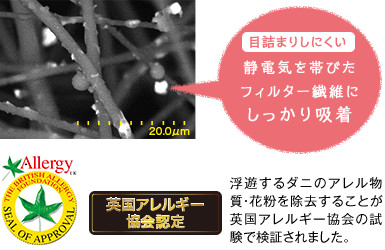 目詰まりしにくい静電気を帯びたフィルター繊維にしっかり吸着