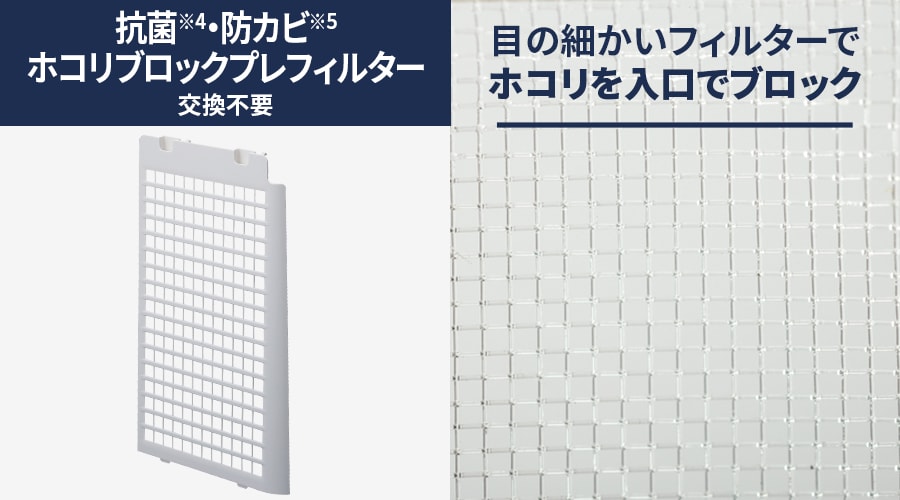 抗菌・防カビホコリブロックプレフィルターは交換不要です。目の細かいフィルターでホコリを入り口でブロック